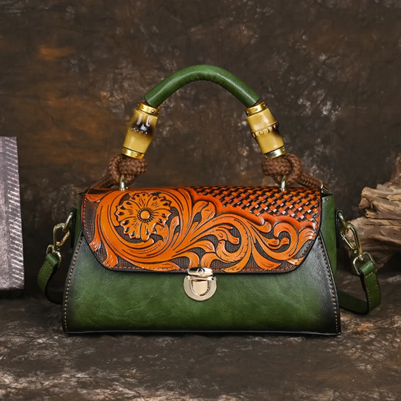 New Women's Bags 2024 - Vintage Chinese - style Handbags, PU Material, Leather - carving Technique Ladies' Shoulder Bags