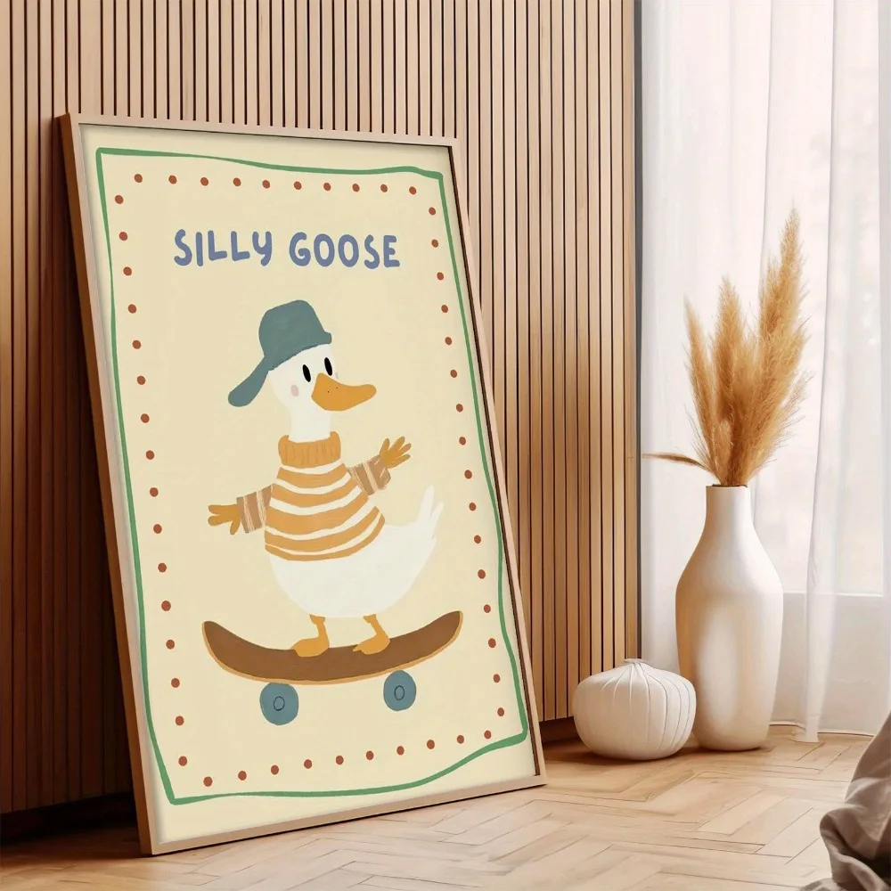 1 Piece of Frameless Silly Goose Canvas Printed Poster, Cute Duckling in Striped Shirt and Hat, Home Decoration, Duck Decoration