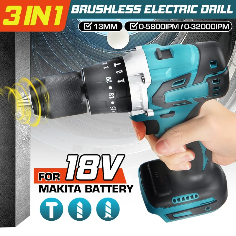 

3 in 1 13mm 1/2'' Brushless Electric Drill Hammer Cordless Screwdriver Rechargeable Impact Drill Tools for Makita 18V Battery