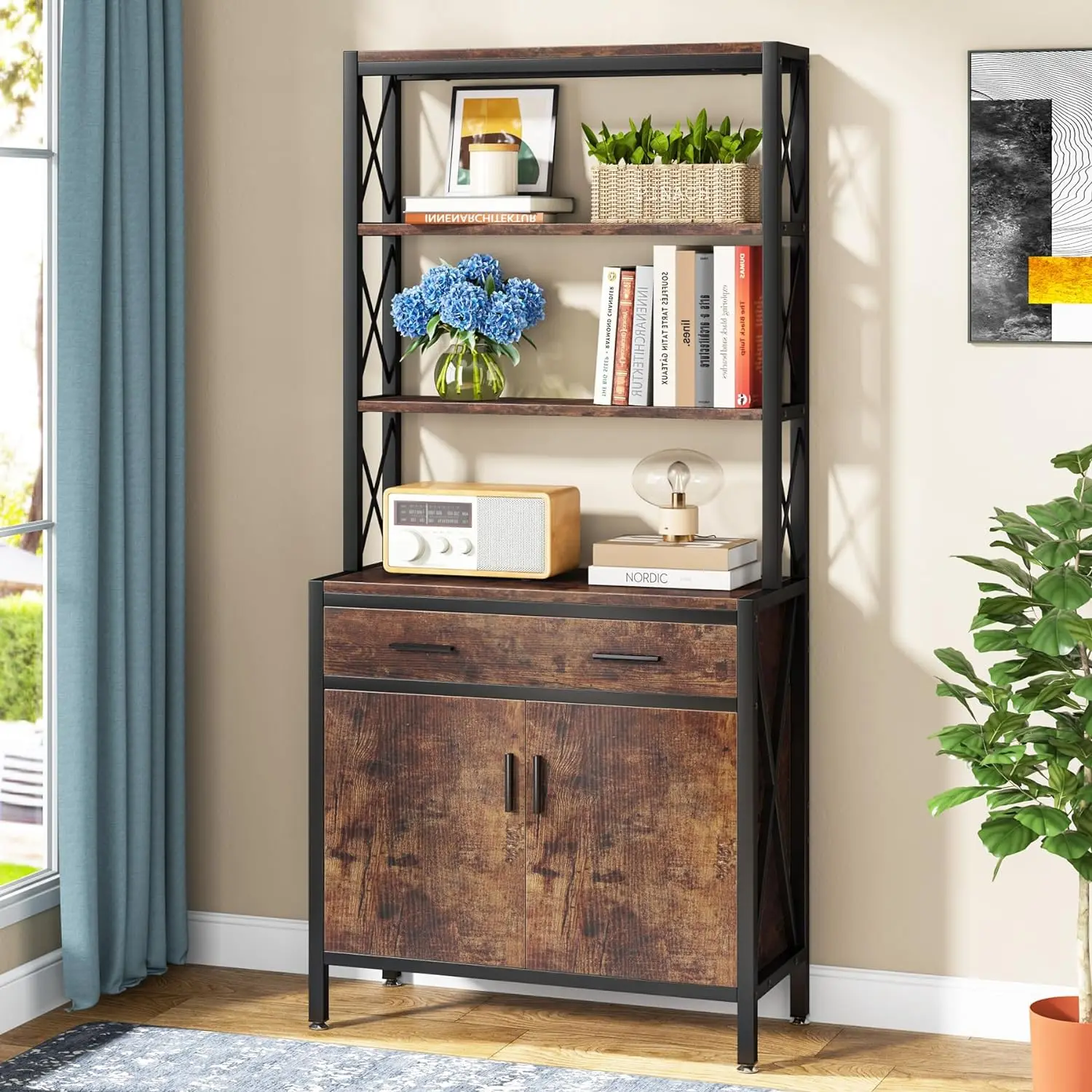 

Bookshelf w/ Drawer, 4-Tier Bookcase w/ Doors, Tall Industrial Etagere Book Shelves Storage Cabinet Display Rack for Living Room