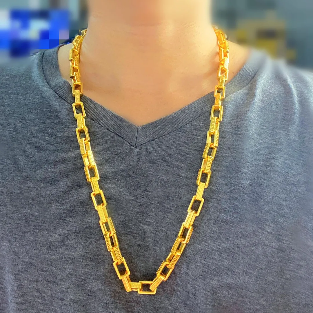 Luxurious 9999 24K real gold 10m necklace gold Great Wall pattern necklace domineering men's fashion jewelry