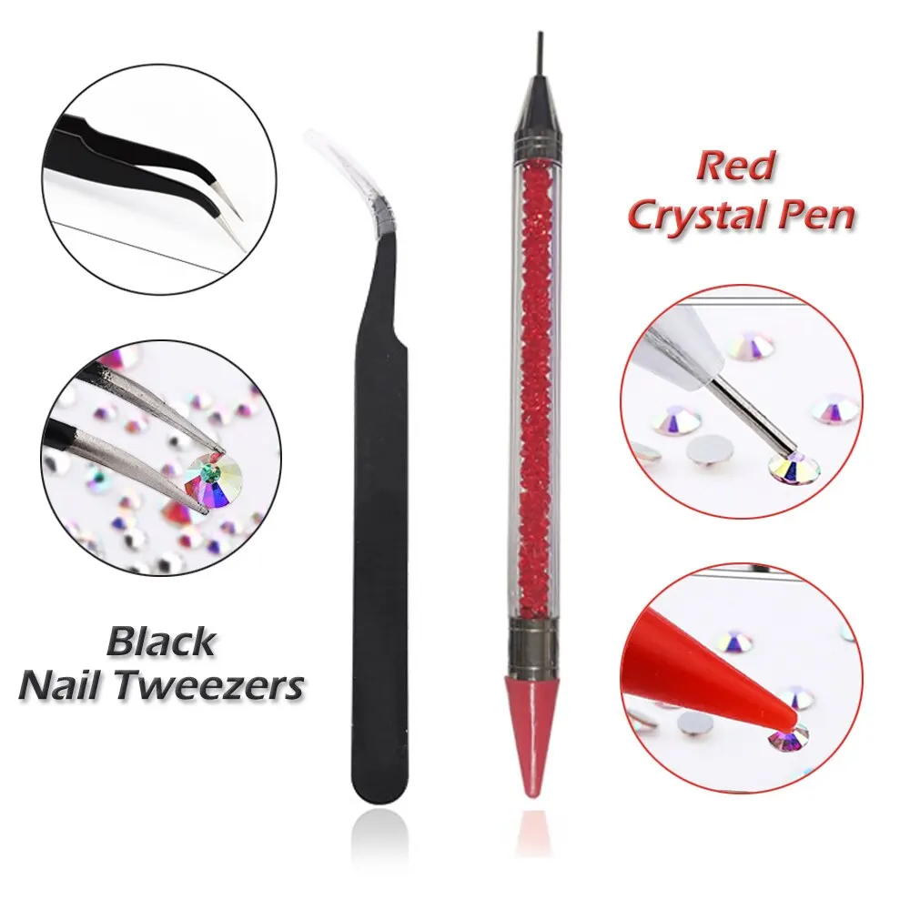 12 Grids Multi Sizes Clear Crystal AB Nail Rhinestones Set DIY Nail Art Decoration Diamonds with Tools Nails Accessories