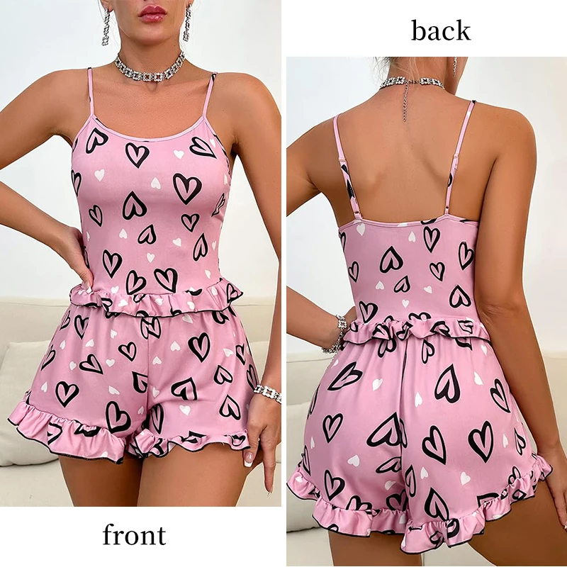 Womens\' Summer Ice Silk Pink Printed Love Pajama Sexy Strap Shorts Home Clothes Set
