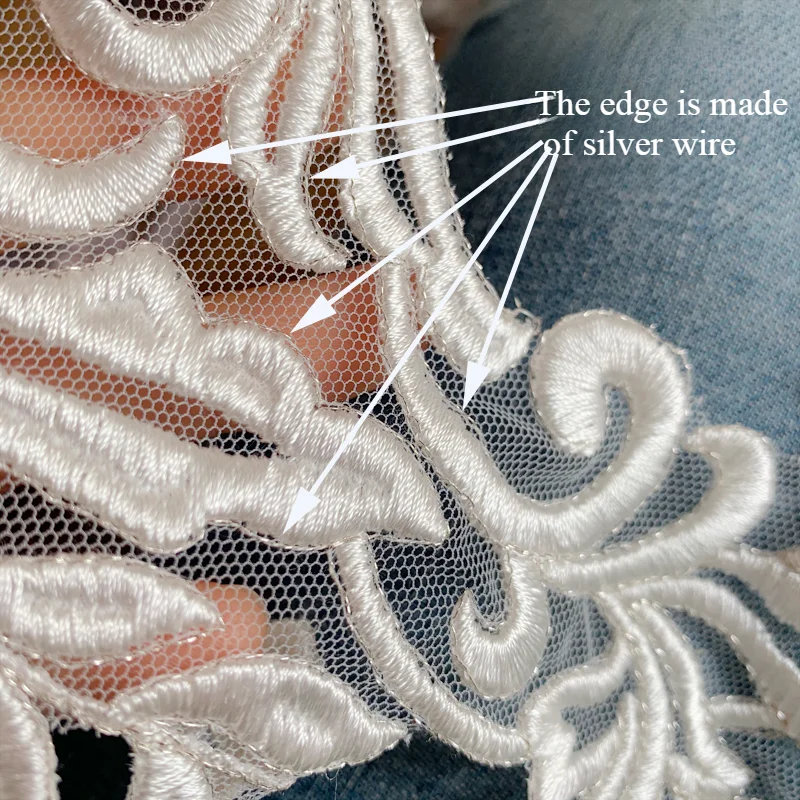 Europäisches Muster, Silberfaden-Umriss, Reisweiße Bestickte Spitze, DIY-Hochzeitskleid-Applikationsmaterialien, AB-Kombination, Neu, 2024 – Detail 2
