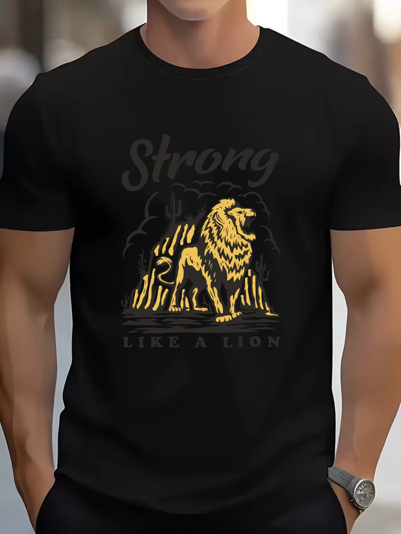 

Retro Strong Lion Graphic T-Shirt for Men, Vintage King Style Short Sleeve Tee, Casual Lion King Print Tops