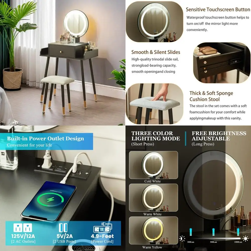 penteadeira de maquiagem iluminada com luzes ajustáveis de 3 cores e tomada de energia integrada