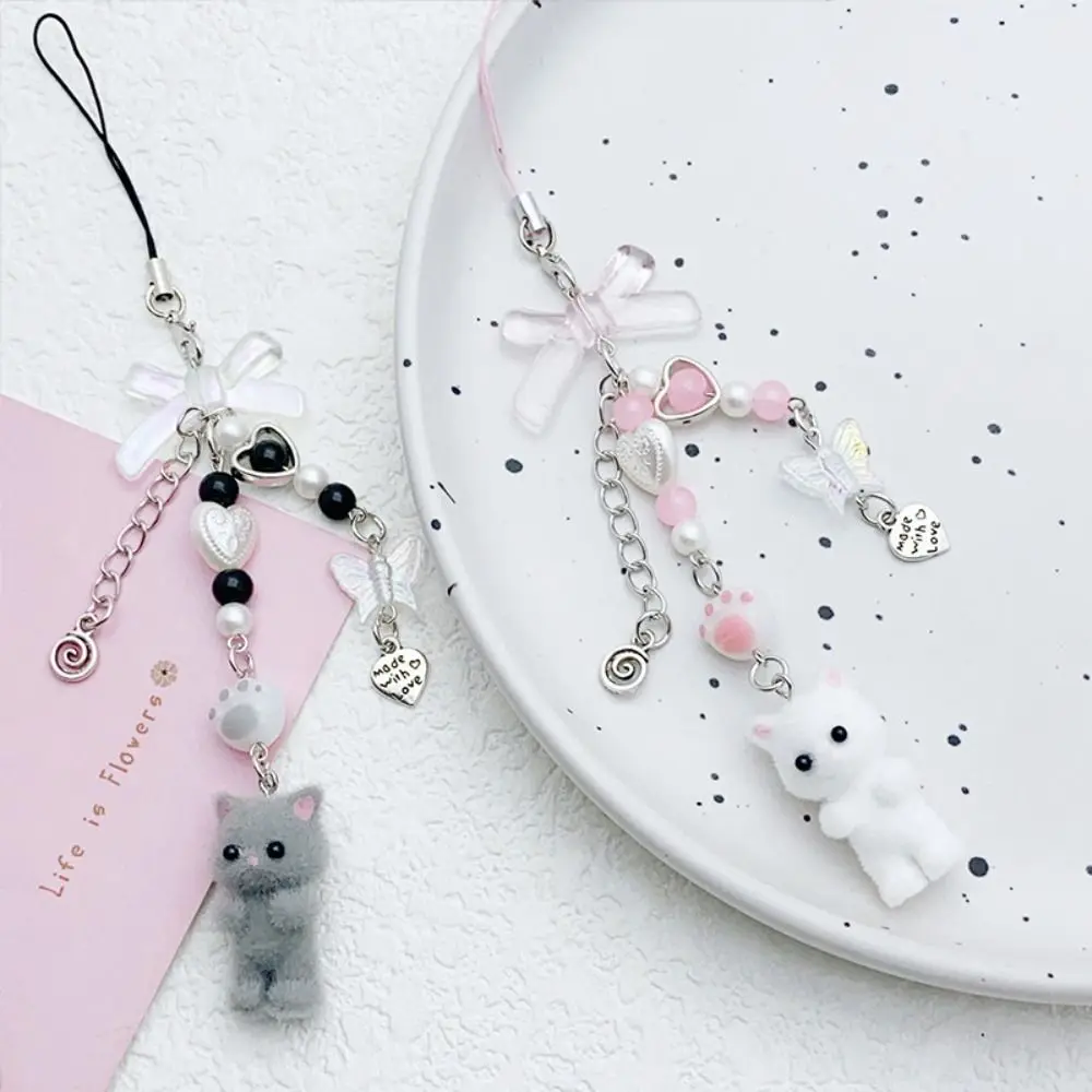 Flocking Flocking Cat Phone Lanyard Anti Lost Phone Strap 3D Kitten Mobile Phone Chain Korean Cartoon Cat Cell Phone Charm