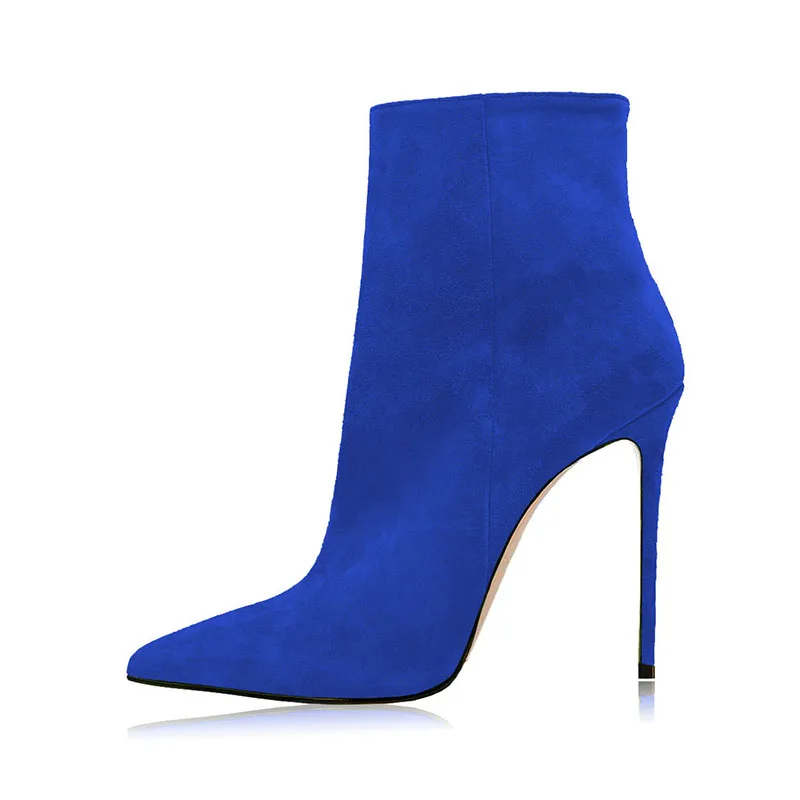 Arden Furtado 2025 Autumn Cow suede Pointed toe Thin heels Side zipper Super high heel Modern boots Extra large size Short boots