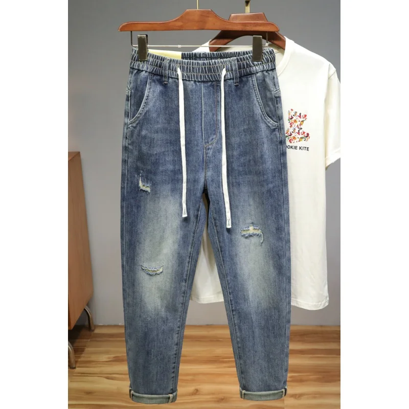 2024 Spring and Summer Retro Blue Stretch Jeans Men's Fashionable Elastic Waist Scratch Trendy All-Match Loose Trousers