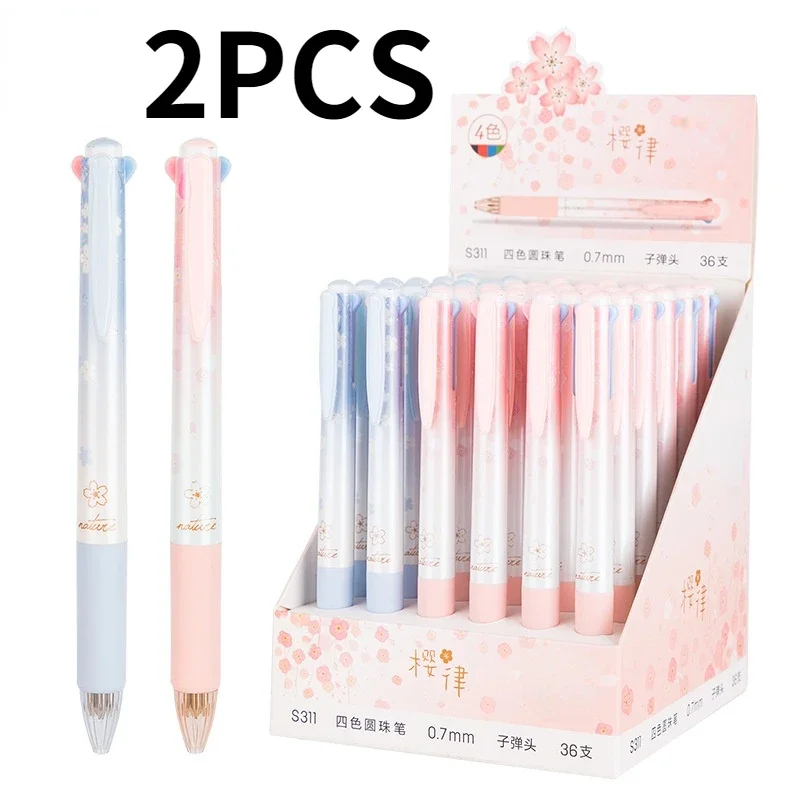 2PCS Press-type 4-color Ballpoint Pen Bullet Signature Pen Office Stationery Student Hand Account Test Ballpoint Pen