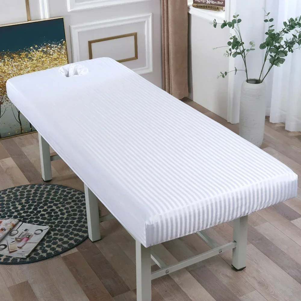 Striped Massage Table Fitted Sheet 70x190cm Elastic Edge Face Hole Non-Slip Design Cover Breathable Cotton Blend SPA Accessory