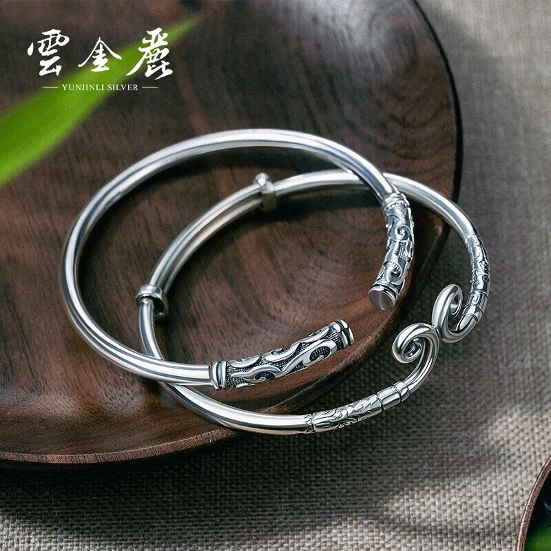 Yunjinli Silver Bracelet for Women 999 Pure Silver Ethnic Style Silver Accessories Open Distressed Couple Bracelet Birthday Nati