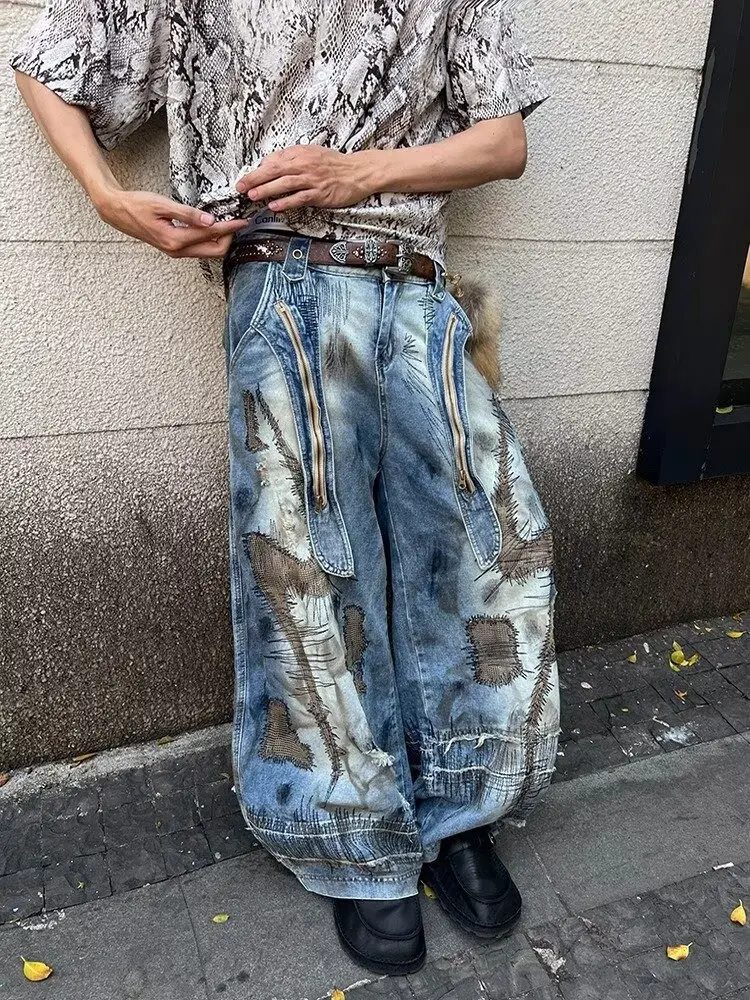 

Ropa Y2K, уличная одежда в стиле гранж, синие мешковатые джинсы с потертостями, брюки для мужчин, одежда, широкие джинсовые брюки в стиле панк, готический стиль