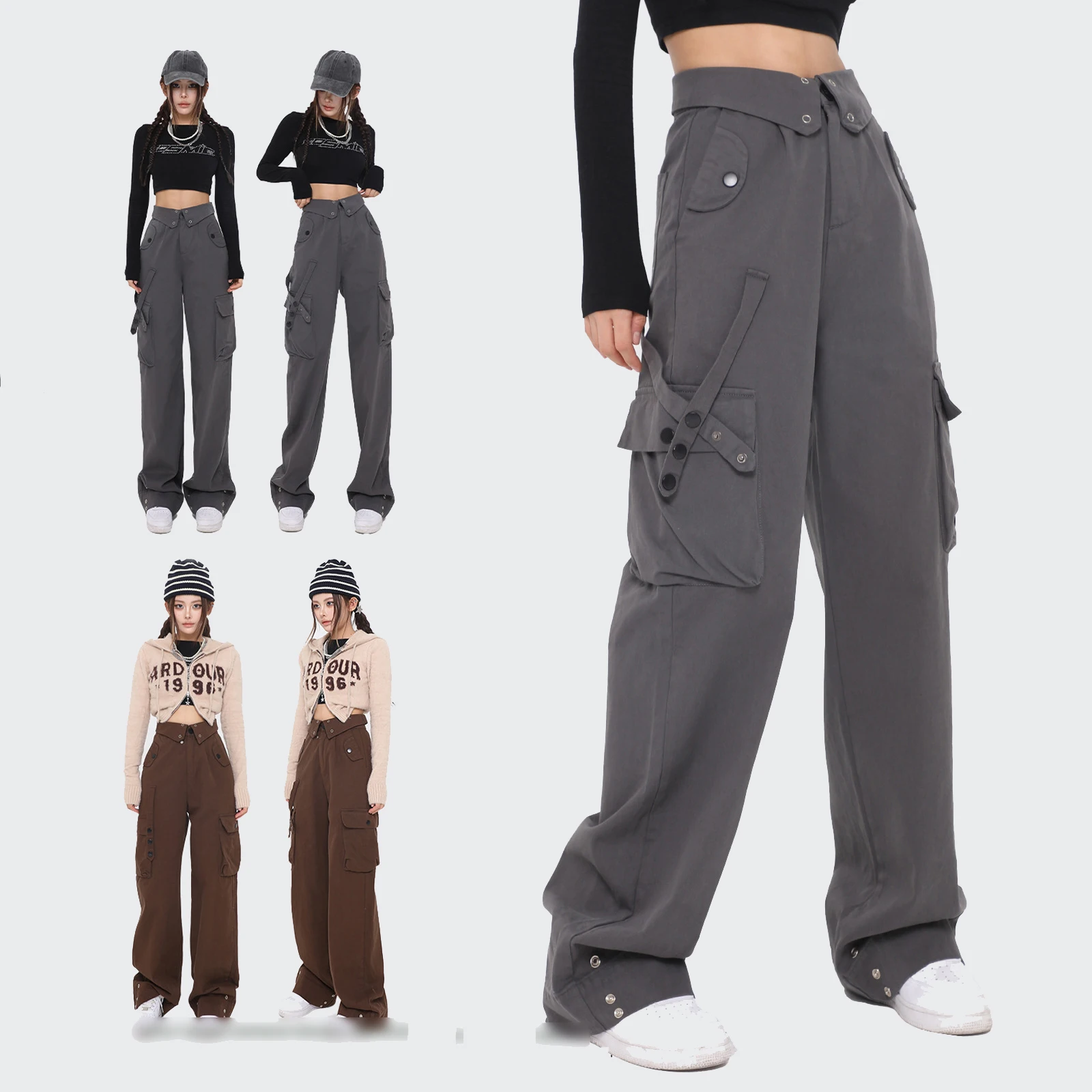 

New Vintage Unisex American Style Workwear Pants Large Pockets High Waist Workwear Pants Grey Curry Long Casual Pants