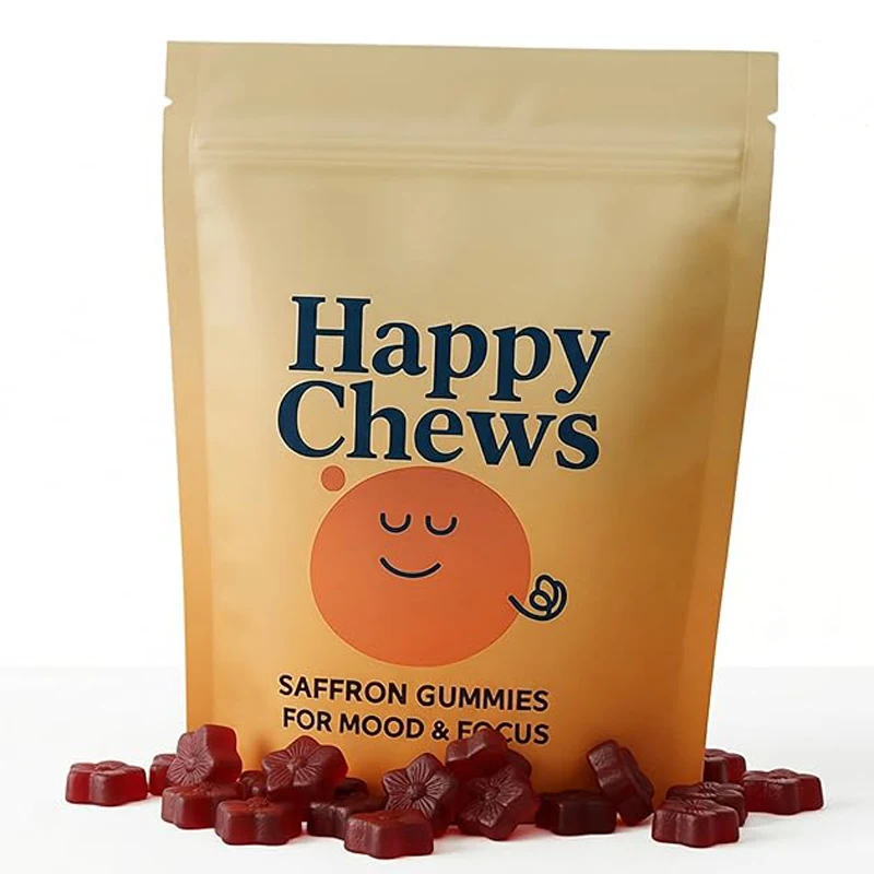

Happy Chews Saffron Gummies - Mood & Focus Support, Natural Saffron Supplement for Calm Energy & Mental Clarity, Vegan, 60 Gummy