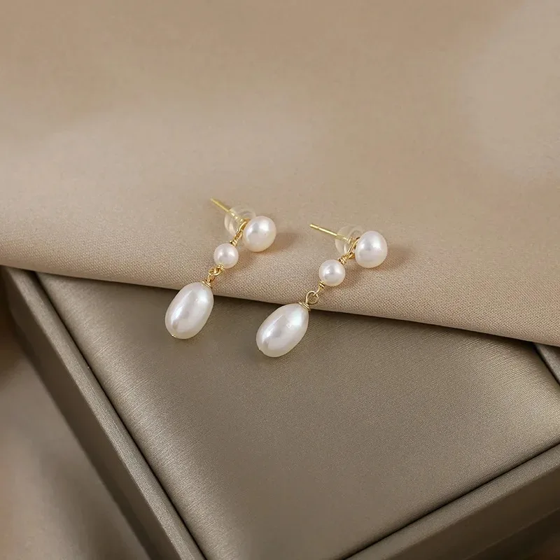 Minar High Quality Three Freshwater Pearls Strand Drop Earrings For Women Gold Plated Brass Long Earring Statement Jewelry