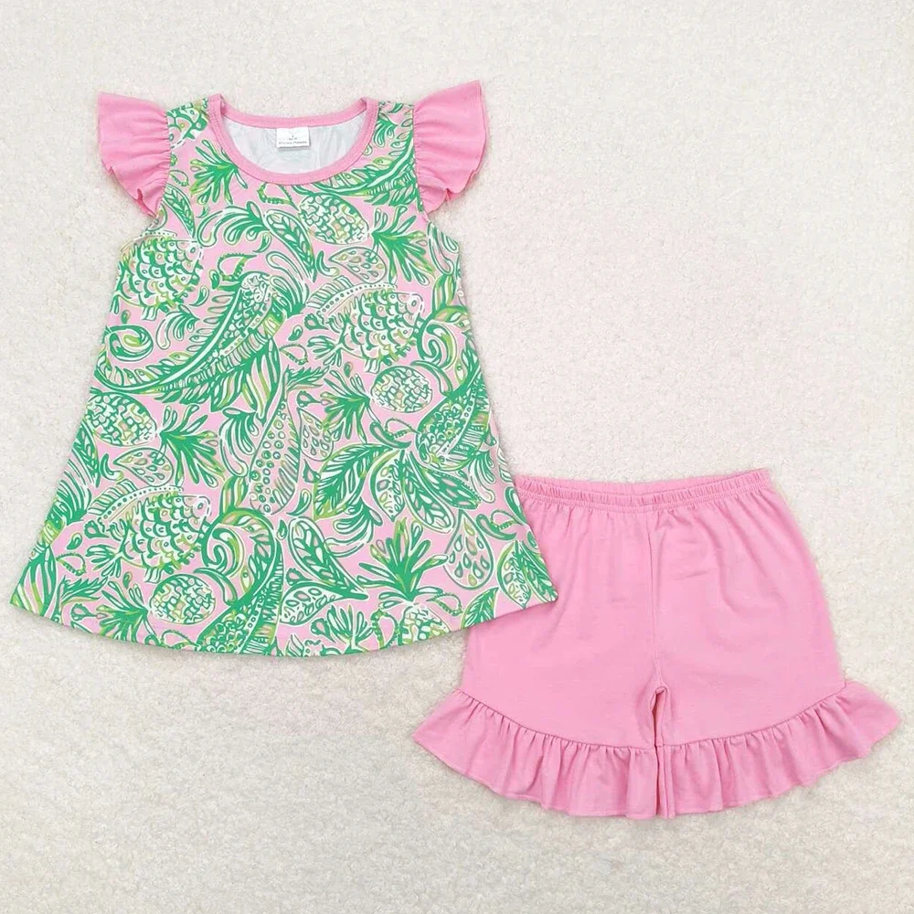 New Design Baby Girls Clothes Green Leaves Fish Summer Kids Sibling Clothing Boys Outfits Boutique Toddler Girls Dress Wholesale