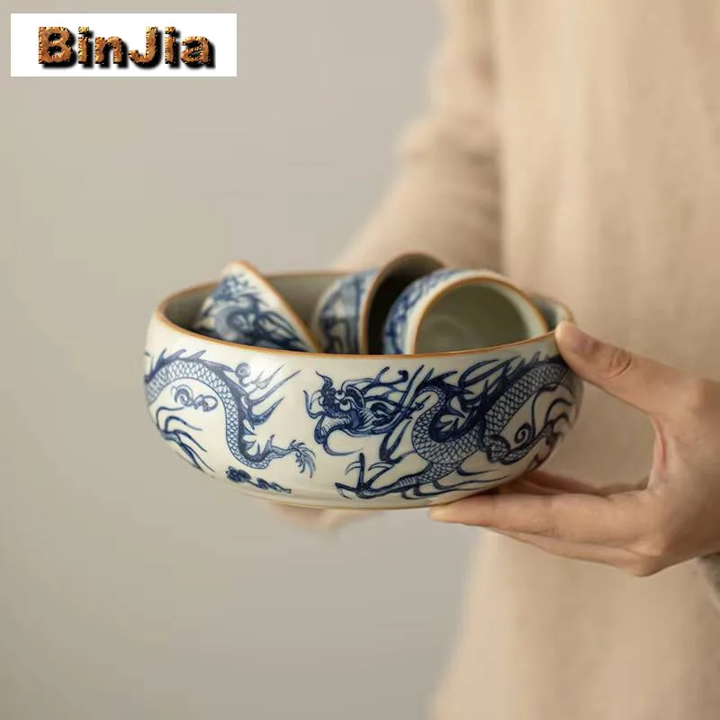 800ml Retro Blue And White Dragon Jianshui Washing Cup Bowl Writing-brush Washer Tea Residue Barrel Chinese Set Chaxi Craft Gift
