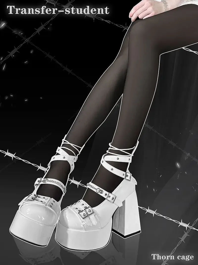 Transfer Student Thorn Round Head Shoes Lolita High Heels Punk Gothic Style Punk Waterproof Shoes PU Bar Shoes