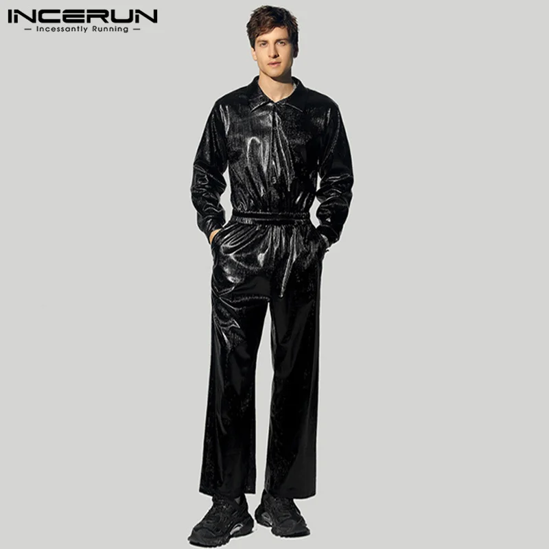 INCERUN Men Party Loose Pants 2024 Casual Loose Long Sleeve Jumpsuits Lapel Simple Solid Flash Rompers Anerican Style Bottoms