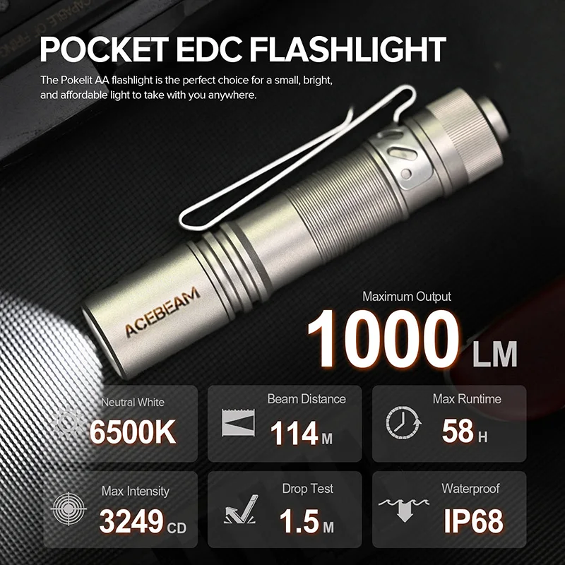 ACEBEAM Pokelit AA 티타늄 EDC 손전등 1000 루멘 114 미터 14500 충전식 배터리 손전등 소형 크기 일일 EDC