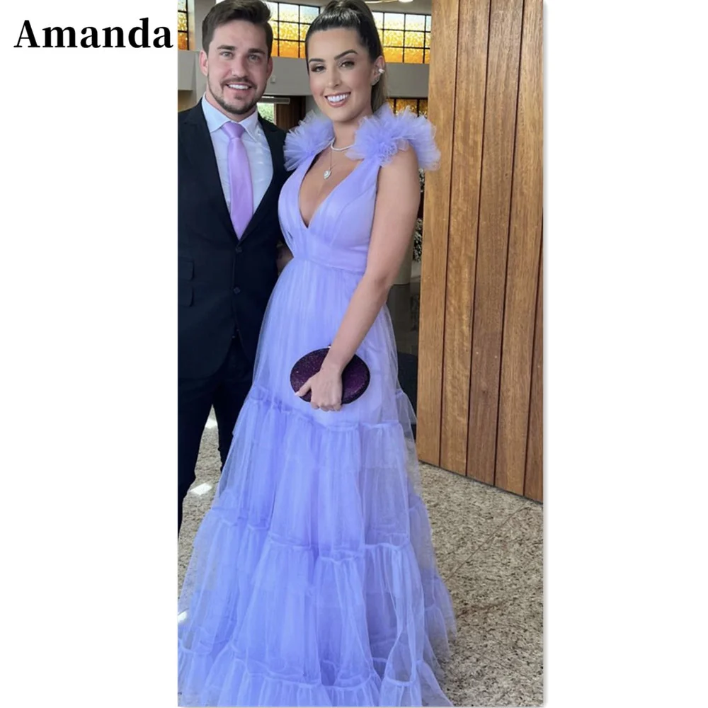 Amanda Grace Purple A-line فساتين الحفلات Sexy Deep V-neck Party Dress Sleeveless Evening Dresses Floor Lenght Prom Dress 2023