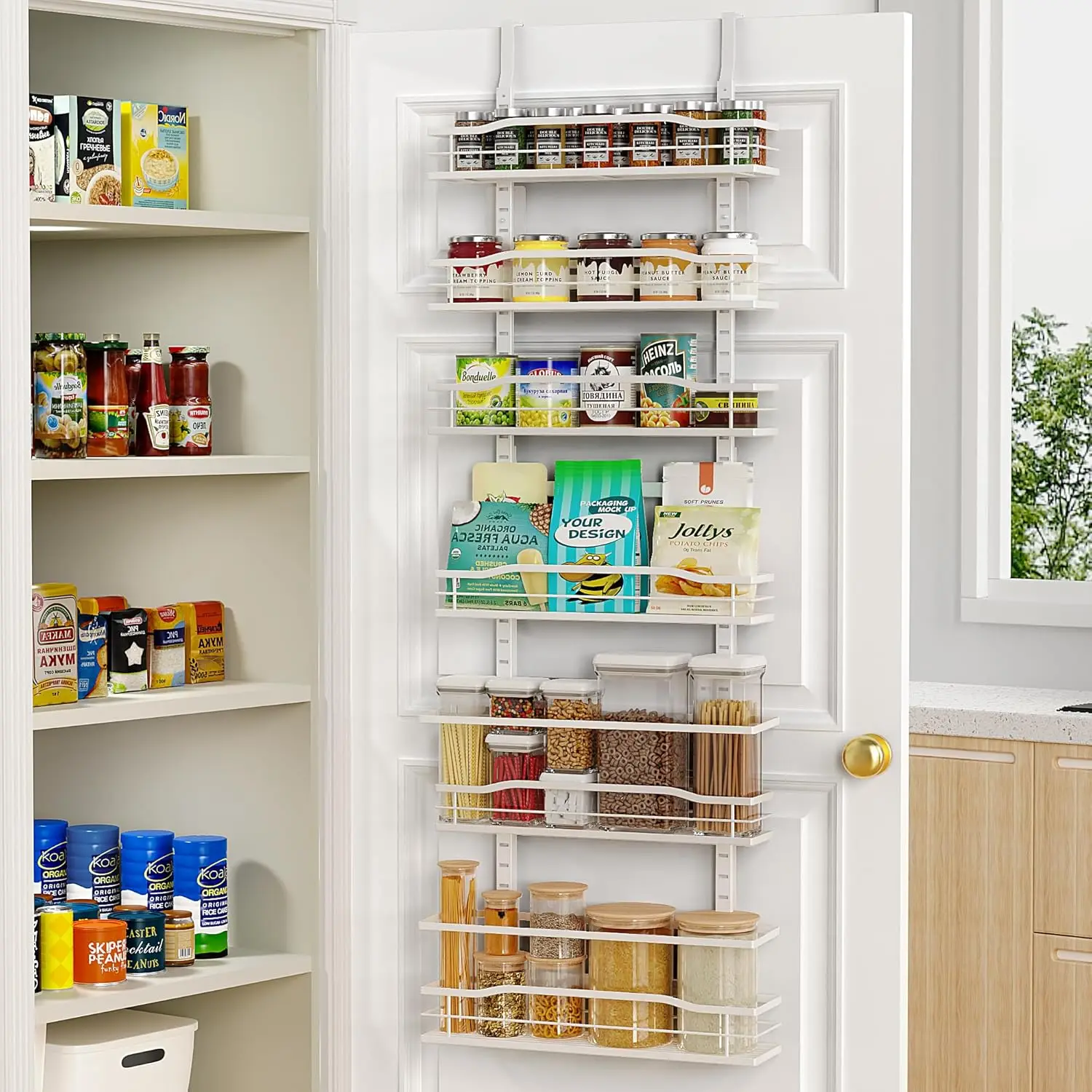 

White 6-Tier Over Door Pantry Organizer, Pantry Organization Storage, Door Metal Hanging Spice Rack Basket Shelves