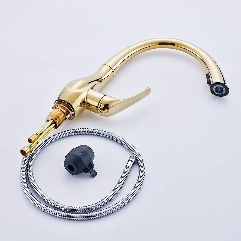 Kitchen Faucet Pull Out Golden Plate All Around Swivel Spout Hot and Cold Spray Head Kitchen Taps Mixer