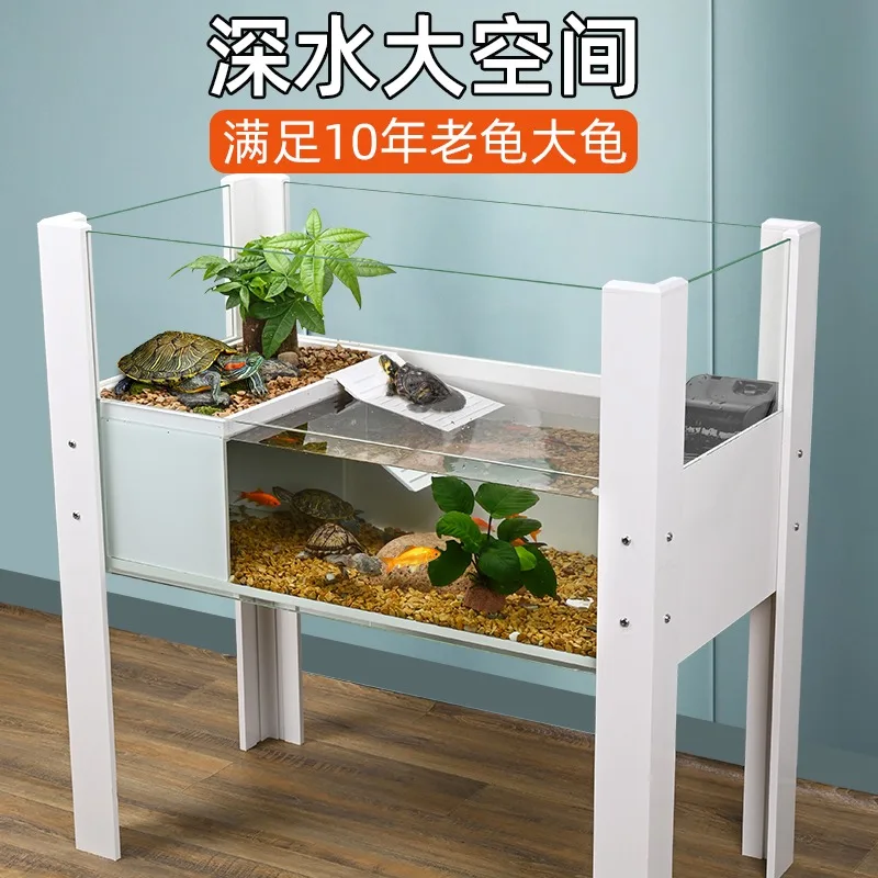 

Turtle tank, large sunscreen ecological landscaping box, amphibious tank with drainage living room, special glass feeding box