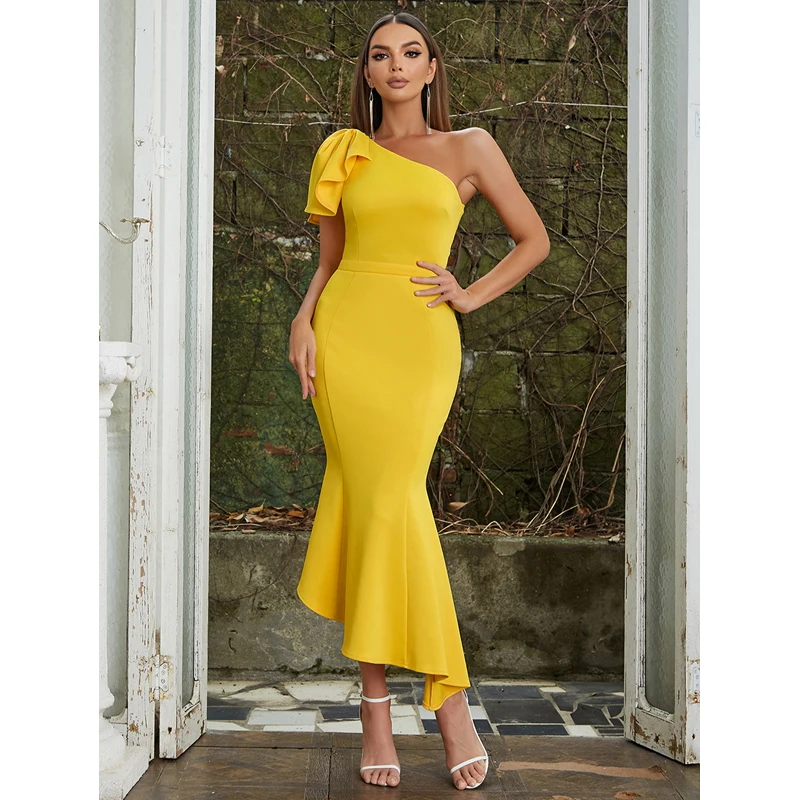 MSMUSI 2024 New Fashion Women Sexy Solid One Shoulder Falbala Ruffles Draped Fold Sleeveless Bodycon Party Club Event Midi Dress