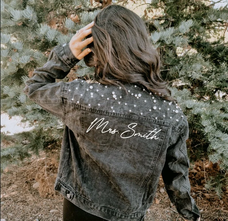 MRS Jacket | Black Pearl Jacket | Last Name Jacket | Denim Bridal Jacket | Customized Wedding Jean Jacket | Wedding Day Jacket