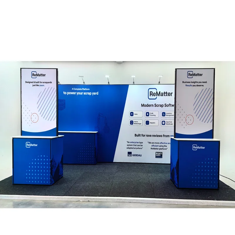 Toolless 10 X 20  Custom Trade Show Display Equipment Fair Stand Movable Metal Frame Tradeshow Booth with Counter Shelves