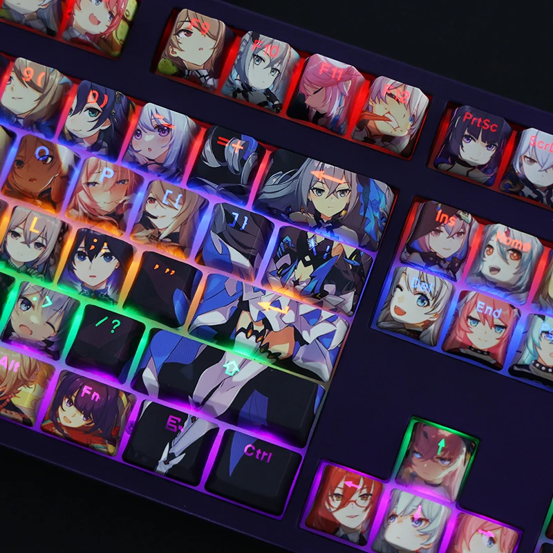 Honkai Impact Multiple Anime Characters Cosplay Keyboard OEM Height/RGB Lighting Effect PBT Keycap For 61/87/104/108Key Keyboard