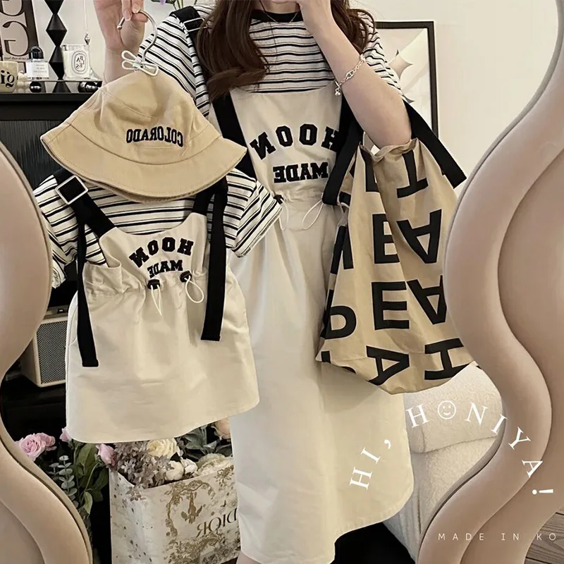 Family Look Mom and Daughter Clothes Dad Son Same Clothes Mommy Me Matching Outfits Korea Women Girls Top Suspender Dress Sets