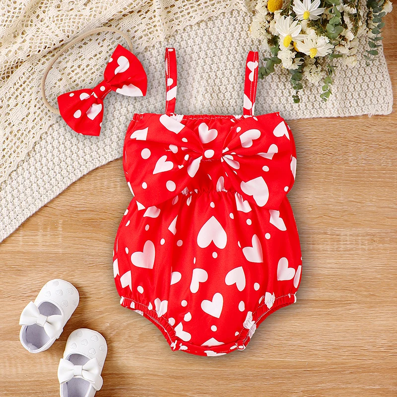 

Baby Girl Heart Print Romper Spaghetti Sleeveless Bodysuit Bow Front Infant Summer Outfit Headband 2pcs