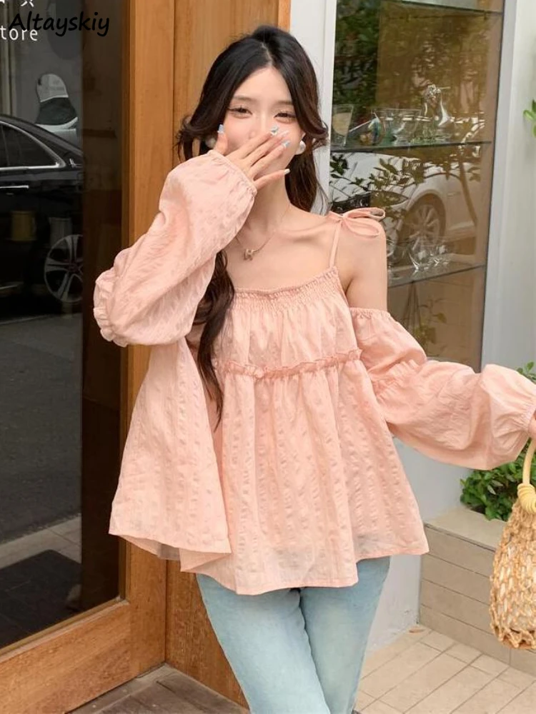 Blouses Women Kawaii Girlish Off-shoulder Design Strap Clothes Holiday Summer Loose Basics Simple Tender Aesthetic Korean Style