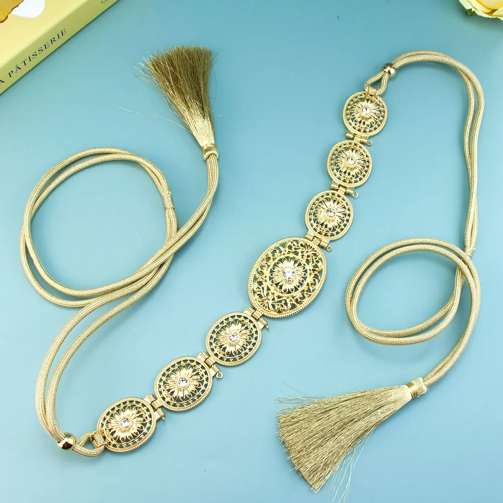 Morocco Hand Rope Chain Wedding Belt For Women Arabic Caftan Waist Chain Gold Color Hollow Arabesque Algeria Bijoux