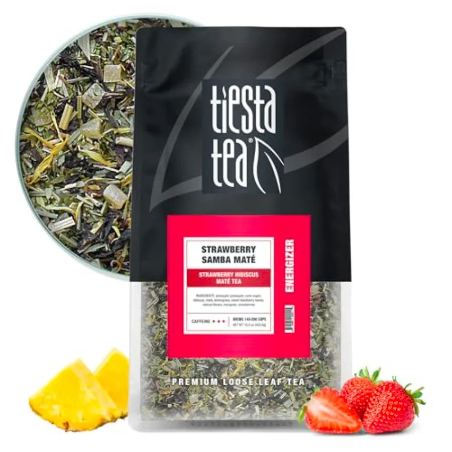 

Loose Leaf, Strawberry Hibiscus Mate Tea, High Caffeinated Fruit Blend, Make Hot or Iced Up to 200 Cups, 16oz Resealable