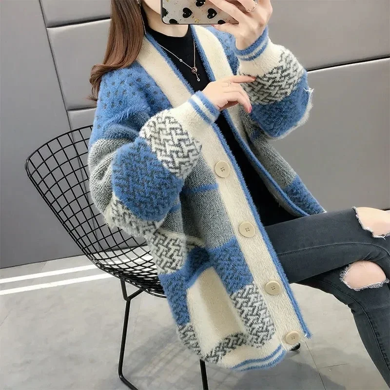 Mink Velvet Knitted Cardigan Jacket Women's 2024 New Loose Ladies Sweater Outerwear Spring and Autumn All-Match Button Jacket