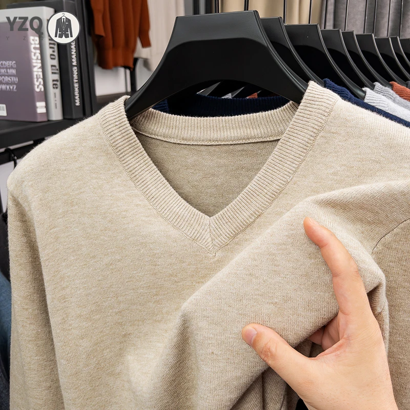 

Men's V-Neck Oversize Sweatshirt Warm Autumn Solid Color Knitted Pullover Elastic round Neck Casual Wear Sweatshirt