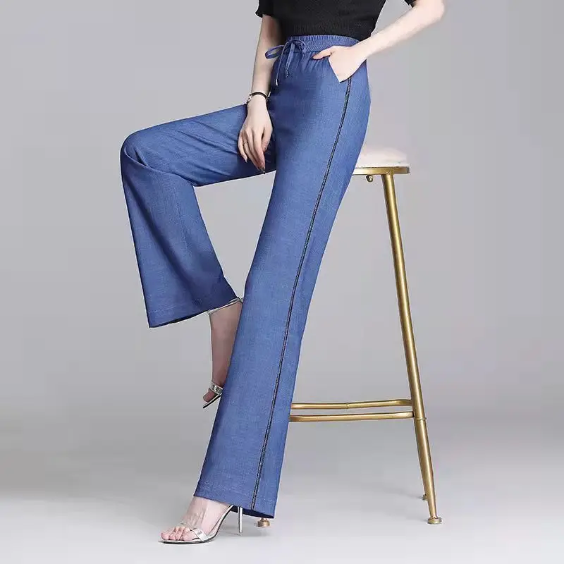 

Summer New Loose Patchwork Straight Pants Elastic Waist Solid Color All-match Casual Pants Simplicity Fashion Women Clothing