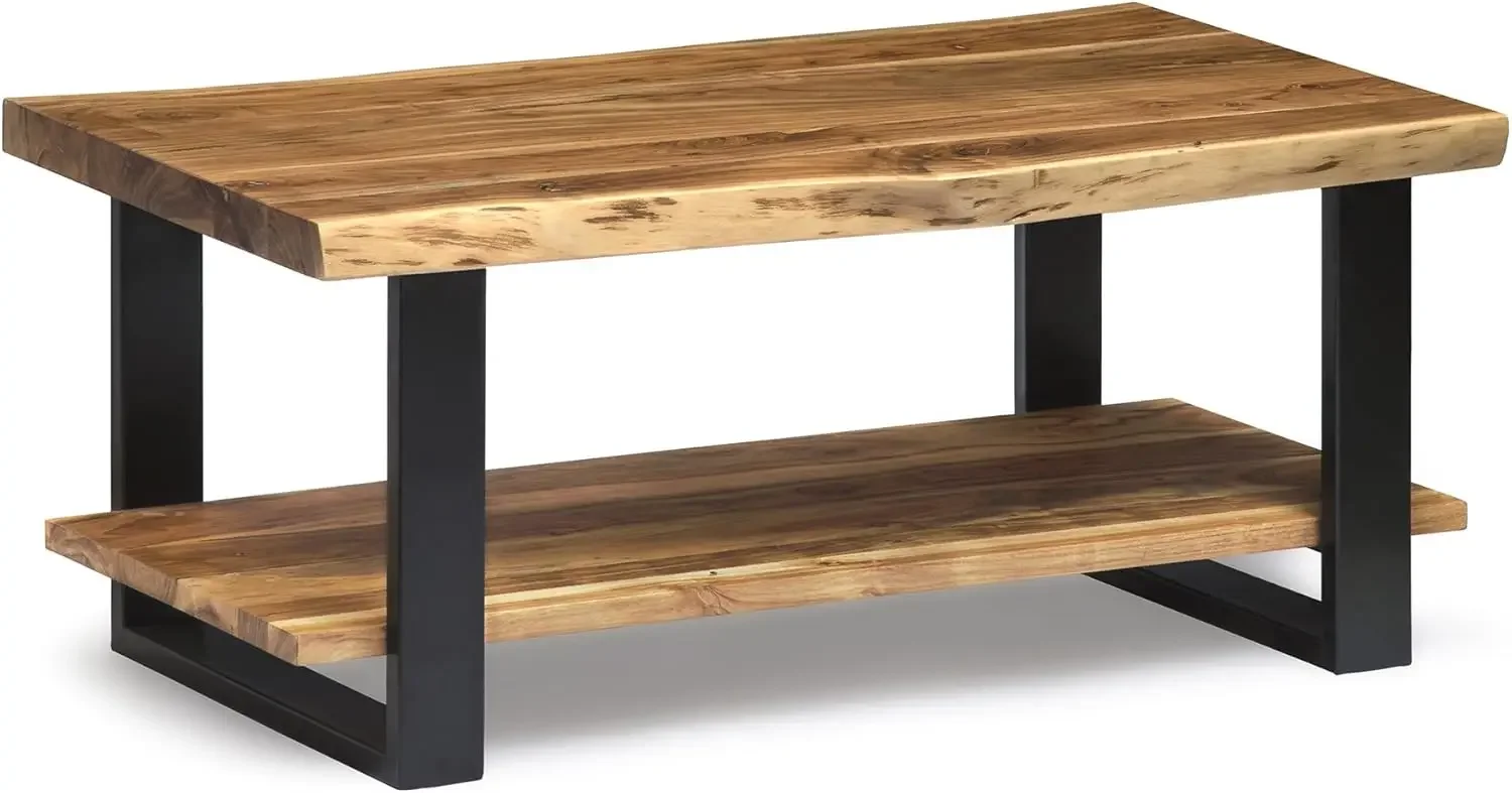 Natural Wood Live Edge Coffee Table w/ Metal Strap Legs Brown Black Metal Accents Unique Imperfections Clear Natural