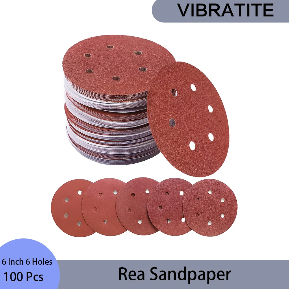 

6 Inch 6 Hole Rea Sandpaper 100 Pcs Hook and Loop Sanding Discs Assorted Grits for Grinding and Polishing Tool for Auto Body