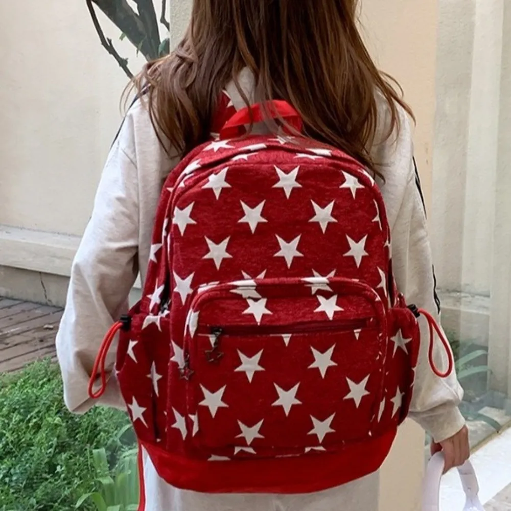 

Korean Style Grey Stripes Backpack Lightweight Multi-pocket Star Printing Backpack Adjustable Straps Commuting