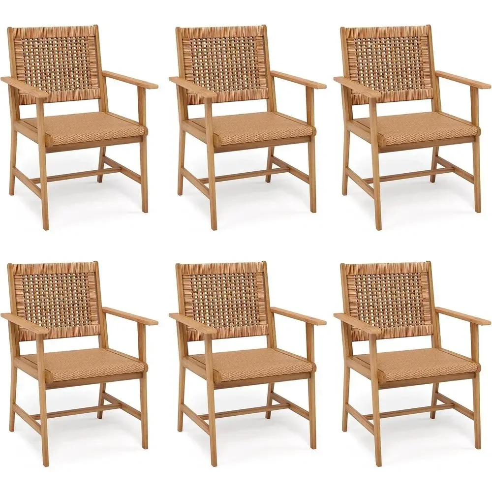 Outdoor Acacia Wood Dining Chairs Set o 6, Armchairs with Strong Wicker Back & Seat, armhouse Style Teak Patio Deck Yard Balcony