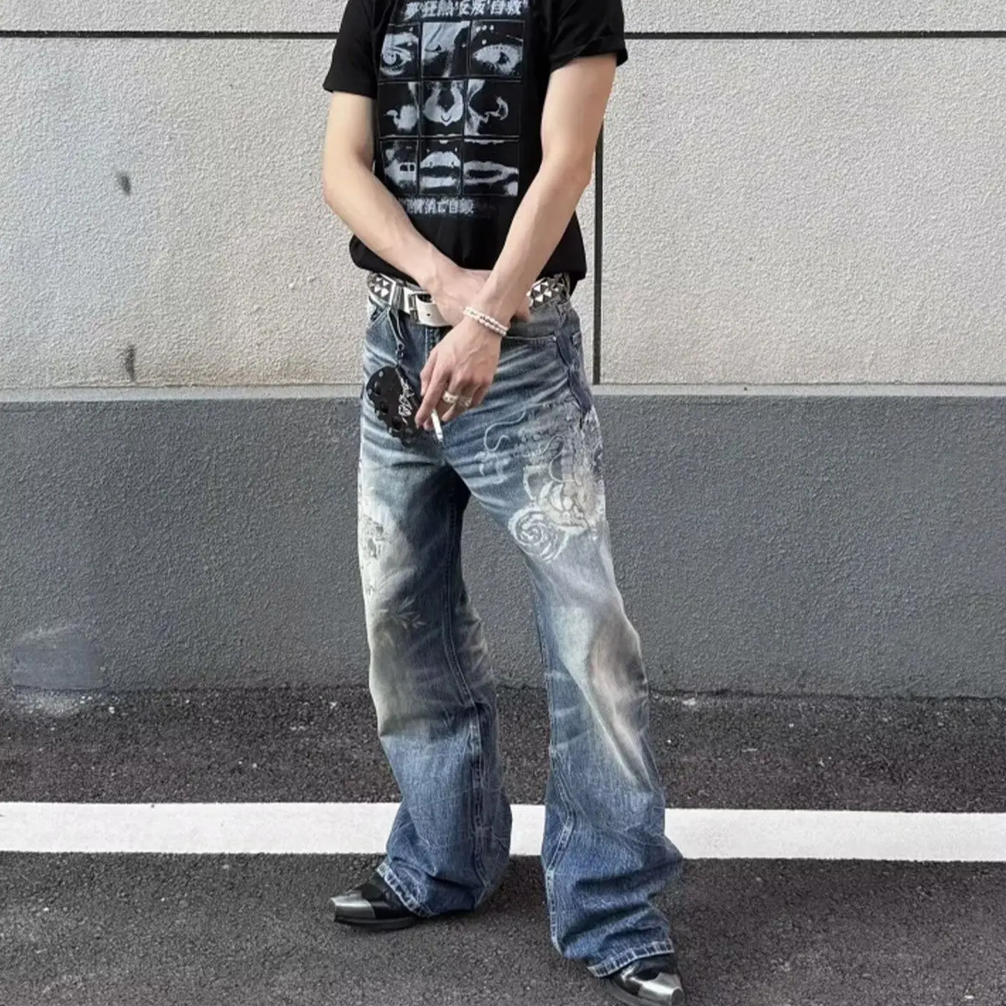 Men's Fashionable Printed Patterns Jeans Casual Pants Summer Streetwear Wide-leg Trousers Male High Waist Sweatpants
