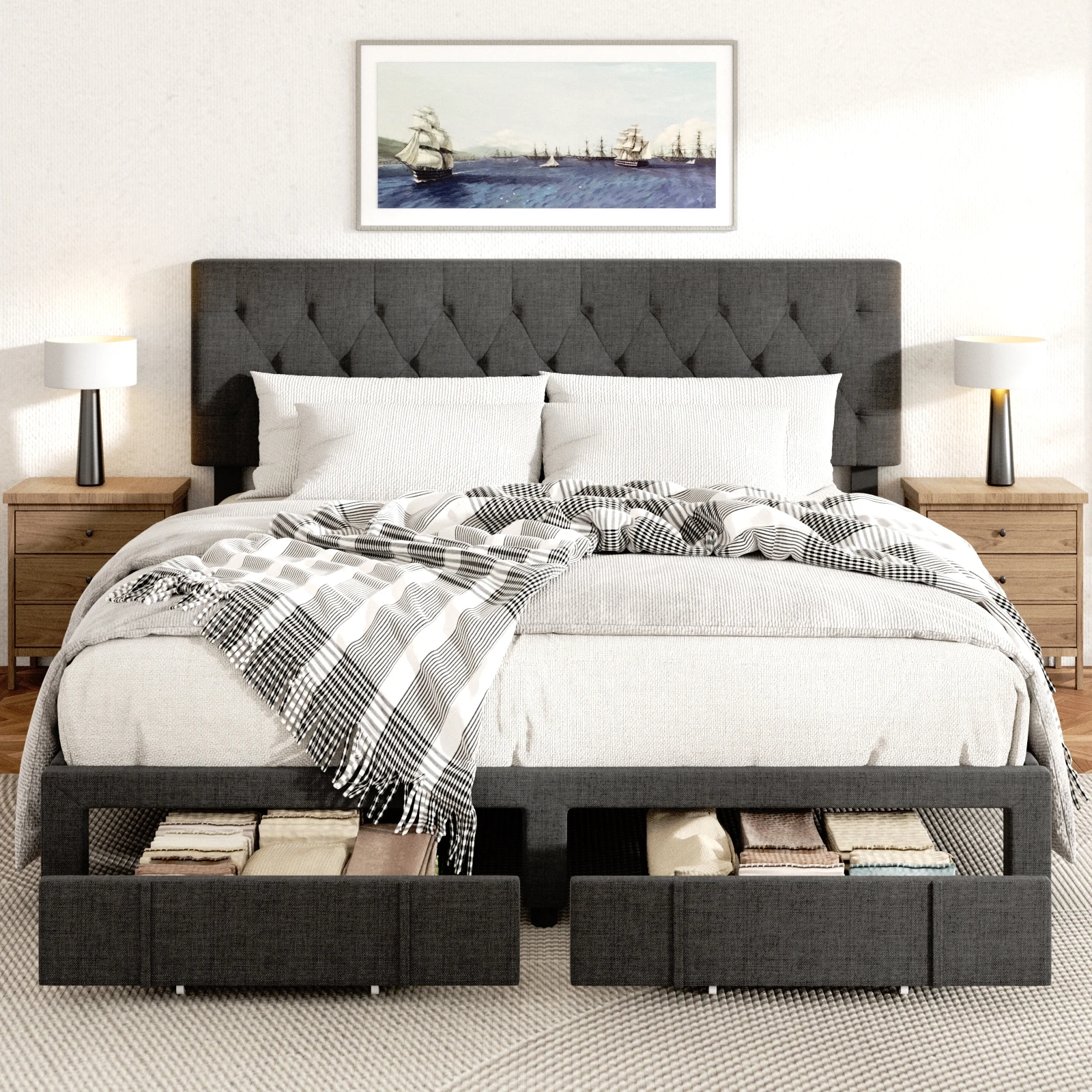 ！@Adjustable Headboard Cushion Solid Wood Smart Multi-Functional Storage Bed Frame with App Control for Home Furniture