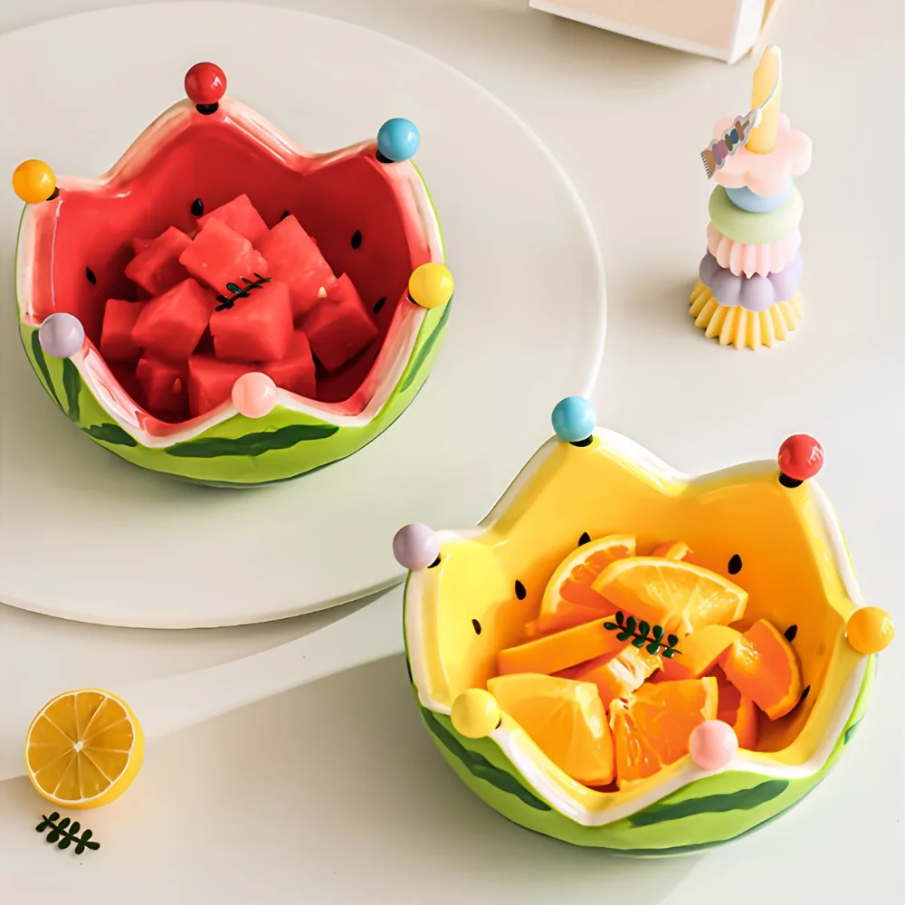 

Ceramic Fruit Shaped Bowl with 6 Stainless Steel Forks Watermelon Dishes Mini Kitchen Decoration Serving Bowl for Soup Cereal