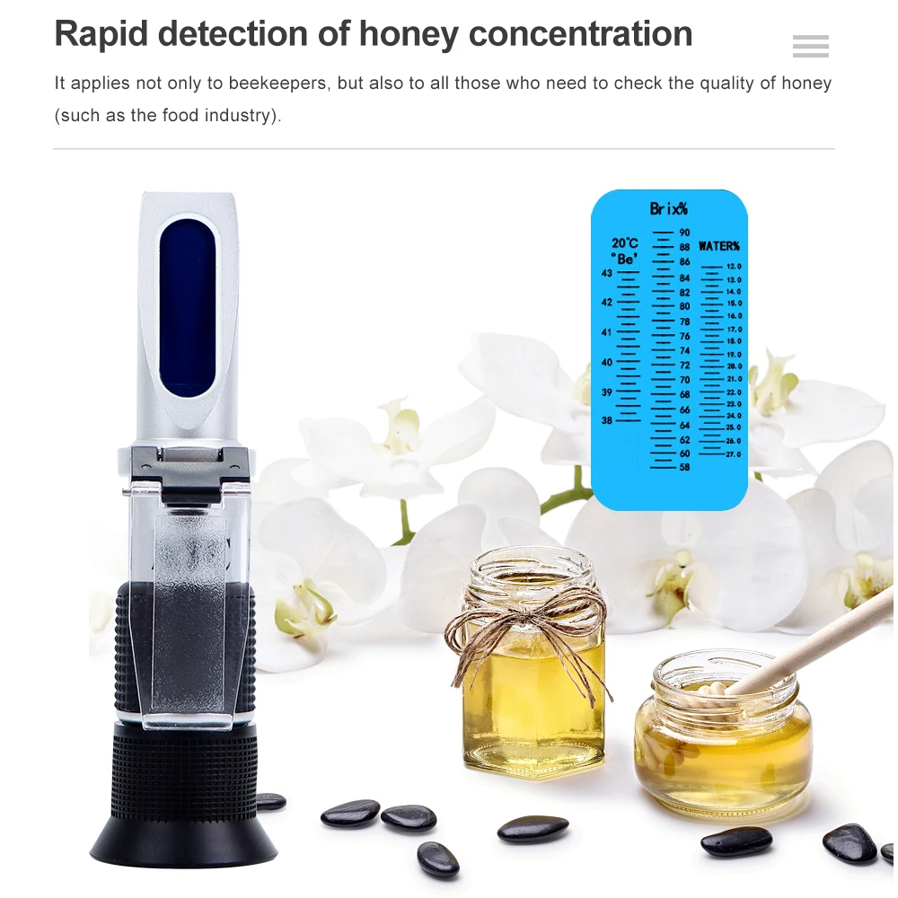 RHB-90ATC 58-90% brix sugar Refractometer baume water content tester beekeeper Honey beer Sugar Brix Meter Hand held honey 60%of