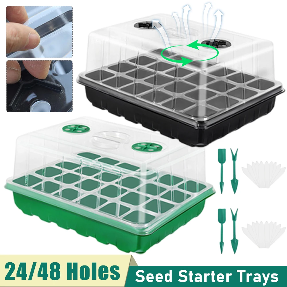 

24/48 Holes Seed Starter Trays Vegetable Seedling Pots Seedling Tray with Humidity Dome Seed Germination Plant Pots Grow Box